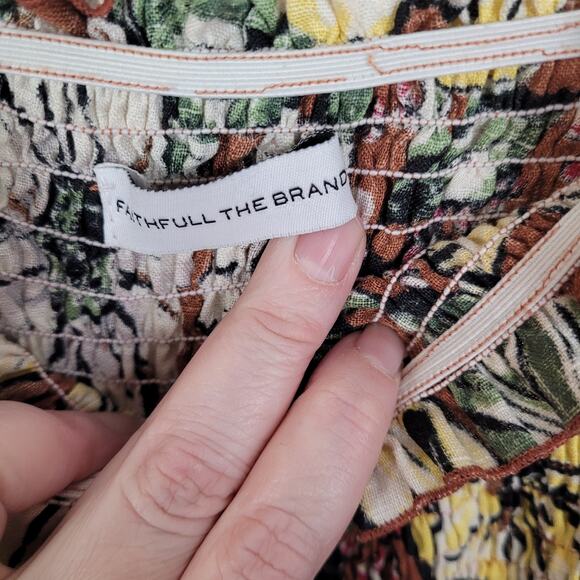 Faithful the Brand brown and yellow floral smocked ruffle hem linen dress Size 4 - Picture 4 of 13